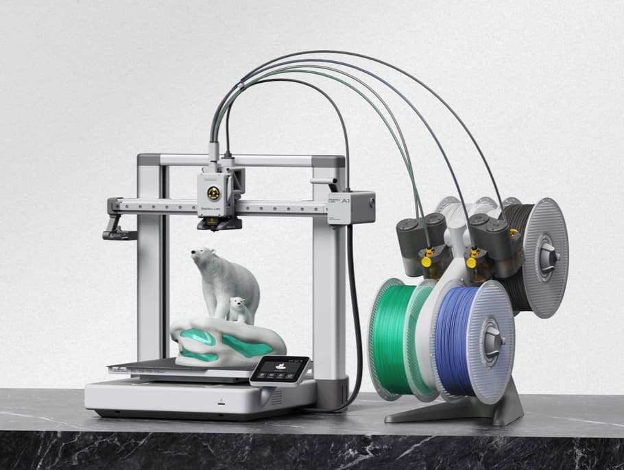 The complete Bambu Lab A1 Combo and four-spool AMS Lite printing a polar-bear model